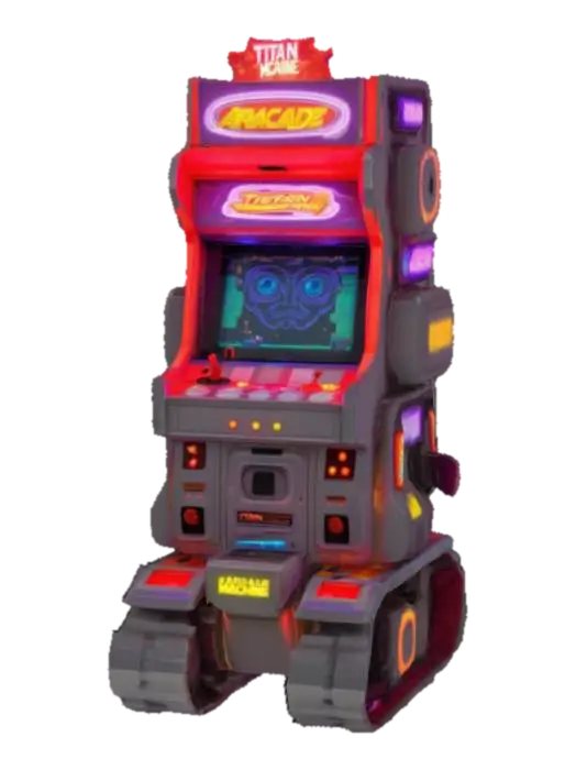 3D model for Arcade Titan is a towering, fully-formed arcade machine brought to life. Its entire body is a retro arcade cabinet covered in vibrant neon decals and flickering pixel art. The screen on its chest displays shifting game scenes, glowing with colorful 8-bit animations. Buttons and joysticks are scattered all over its surface like armor panels, each glowing as it channels energy. Its sides have coin slots that emit electric sparks, and its speaker grills blast pulses of sound waves used as sonic attacks. Arcade Titan lumbers forward on thick, tank-like treads hidden beneath its cabinet frame, shaking the ground with every heavy step.

