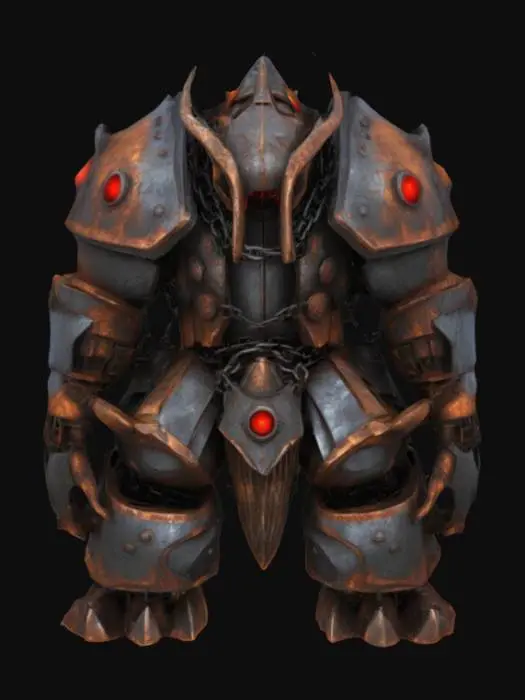 3D model for From the shadows ahead, a massive, armored behemoth emerges—its body a twisted fusion of rusted iron plates and cracked bone. Thick chains hang from its broad shoulders, clinking ominously with every tremor. Its glowing red eyes pierce the darkness beneath a jagged metal helm, and its heavy footsteps echo like thunder, shaking the very ground. The creature’s maw is filled with broken, jagged teeth, and its gauntleted fists are wrapped in barbed wire. Dust and debris fall from the ceiling as the dungeon quakes, warning of the unstoppable force stalking deeper into the halls.