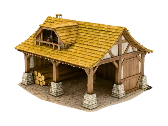 Medieval Woodworking Shed 3D model, vytvořený pomocí AI