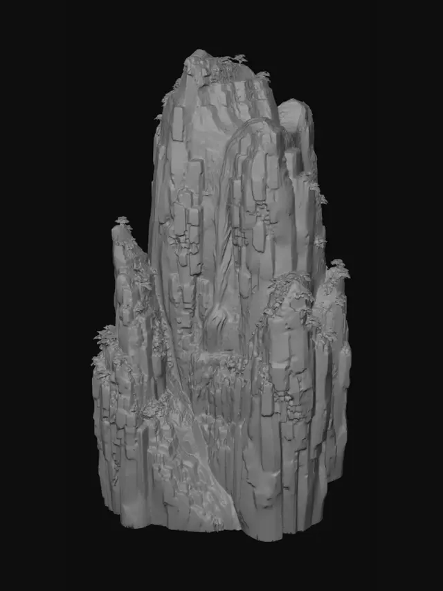 3D model for Waterfall cascading down a vertical cliff face, 
viewed from below looking upward, 
white water cutting through dark ink rock, 
mist and spray dissolving at the base, 
surrounding cliffs framing both sides, 
Song dynasty shanshui painting, 
inspired by Li Tang and Fu Baoshi, 
monochrome ink wash, axe-cut cun brushwork on rocks, 
overwhelming verticality, pure image only, no text, no seals.