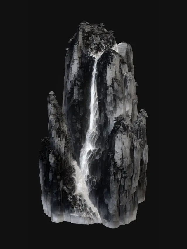 3D model for Waterfall cascading down a vertical cliff face, 
viewed from below looking upward, 
white water cutting through dark ink rock, 
mist and spray dissolving at the base, 
surrounding cliffs framing both sides, 
Song dynasty shanshui painting, 
inspired by Li Tang and Fu Baoshi, 
monochrome ink wash, axe-cut cun brushwork on rocks, 
overwhelming verticality, pure image only, no text, no seals.