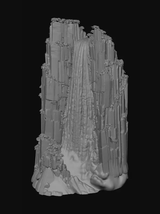 3D model for Waterfall cascading down a vertical cliff face,
viewed from below looking upward,
wide cascading water flow occupying 25% of cliff face width,
broad water curtain spreading slightly wider as it descends,
not a narrow stream but a wide water curtain,
white water cutting through dark ink rock,
mist and spray dissolving at the base,
surrounding cliffs framing both sides,
Song dynasty shanshui painting,
inspired by Li Tang and Fu Baoshi,
monochrome ink wash, axe-cut cun brushwork on rocks,
overwhelming verticality,
pure image only, no text, no seals.