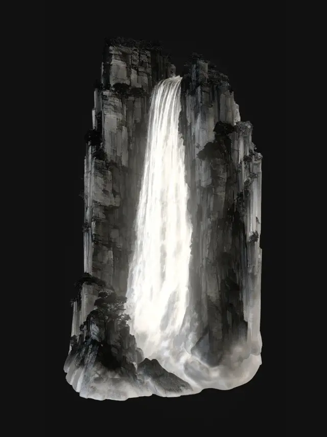 3D model for Waterfall cascading down a vertical cliff face,
viewed from below looking upward,
wide cascading water flow occupying 25% of cliff face width,
broad water curtain spreading slightly wider as it descends,
not a narrow stream but a wide water curtain,
white water cutting through dark ink rock,
mist and spray dissolving at the base,
surrounding cliffs framing both sides,
Song dynasty shanshui painting,
inspired by Li Tang and Fu Baoshi,
monochrome ink wash, axe-cut cun brushwork on rocks,
overwhelming verticality,
pure image only, no text, no seals.
