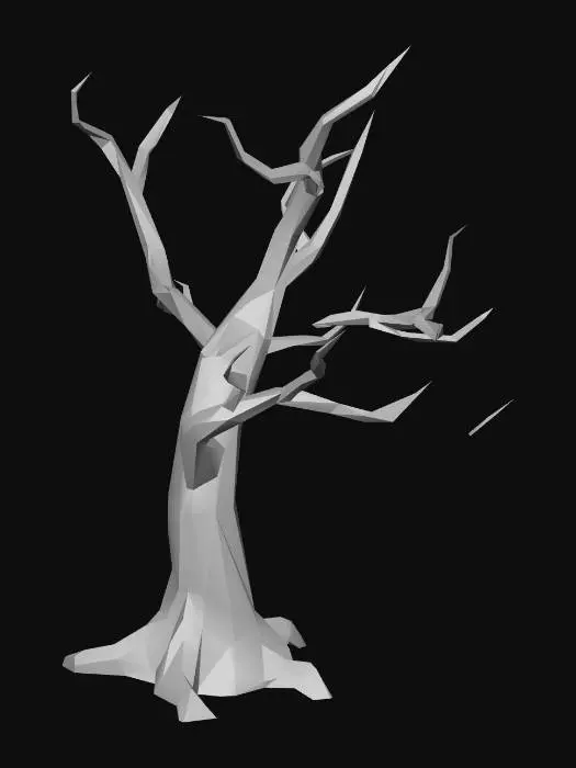 3D model for Low poly dead bare tree, no leaves, twisted gnarled branches, dark grey cracked bark, dramatic silhouette, 8 meters tall, game asset, isolated, no terrain