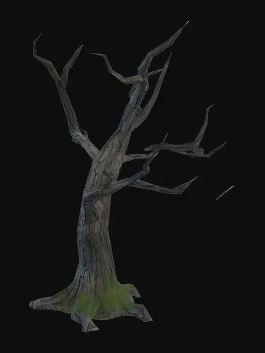 3D model for Low poly dead bare tree, no leaves, twisted gnarled branches, dark grey cracked bark, dramatic silhouette, 8 meters tall, game asset, isolated, no terrain