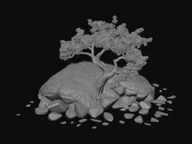 3D model for A low-poly stylized Japanese sakura cherry blossom tree standing on a small grassy hill next to a calm reflective river at night. The tree has a thick dark brown trunk with twisting branches covered in clusters of bright pink cherry blossoms. Around the base: scattered grey rocks, a few small traditional stone lanterns with warm orange glow, and patches of dark green grass. The river is dark teal with subtle moonlight reflections. Background: deep dark blue night sky with a large pale moon. Single cohesive scene, not separate objects. Hand-painted flat shading style, game asset aesthetic. Centered composition, slightly low camera angle looking up at the tree. Optimized for web: under 8,000 polygons, clean topology, single GLB file. Colors: vivid pink blossoms, dark brown wood, teal water,