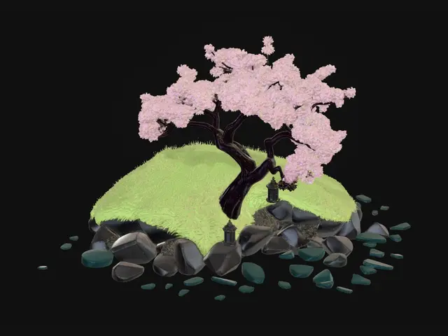 3D model for A low-poly stylized Japanese sakura cherry blossom tree standing on a small grassy hill next to a calm reflective river at night. The tree has a thick dark brown trunk with twisting branches covered in clusters of bright pink cherry blossoms. Around the base: scattered grey rocks, a few small traditional stone lanterns with warm orange glow, and patches of dark green grass. The river is dark teal with subtle moonlight reflections. Background: deep dark blue night sky with a large pale moon. Single cohesive scene, not separate objects. Hand-painted flat shading style, game asset aesthetic. Centered composition, slightly low camera angle looking up at the tree. Optimized for web: under 8,000 polygons, clean topology, single GLB file. Colors: vivid pink blossoms, dark brown wood, teal water,