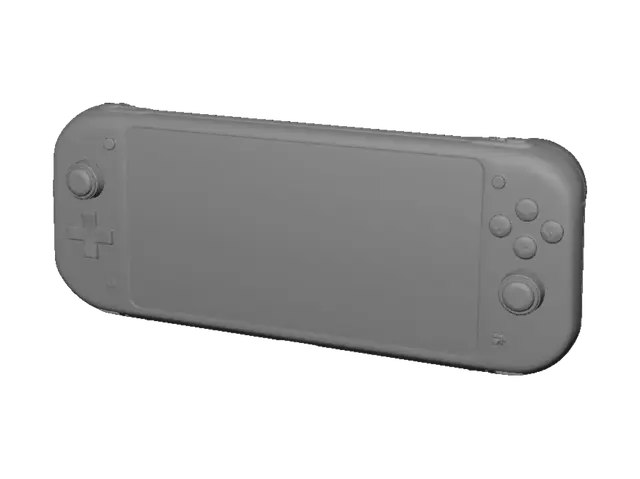 3D model for Ultra-wide custom handheld gaming console, 44cm x 12cm, sleek industrial design. Dark charcoal carbon-fiber texture chassis. Central 30cm body with flush 8-inch widescreen OLED display and stereo speaker grilles. Modular 7cm side controllers with tight seams. Metallic aluminum directional sticks, gamepad buttons, and d-pad. Top ventilation slots and bottom USB port. Premium product prototype, high-end electronics studio photo, white background, 8k.