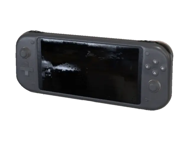3D model for Ultra-wide custom handheld gaming console, 44cm x 12cm, sleek industrial design. Dark charcoal carbon-fiber texture chassis. Central 30cm body with flush 8-inch widescreen OLED display and stereo speaker grilles. Modular 7cm side controllers with tight seams. Metallic aluminum directional sticks, gamepad buttons, and d-pad. Top ventilation slots and bottom USB port. Premium product prototype, high-end electronics studio photo, white background, 8k.