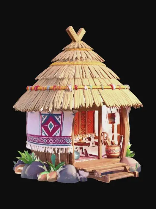3D model for Thatched Hut with Colorful Rugs