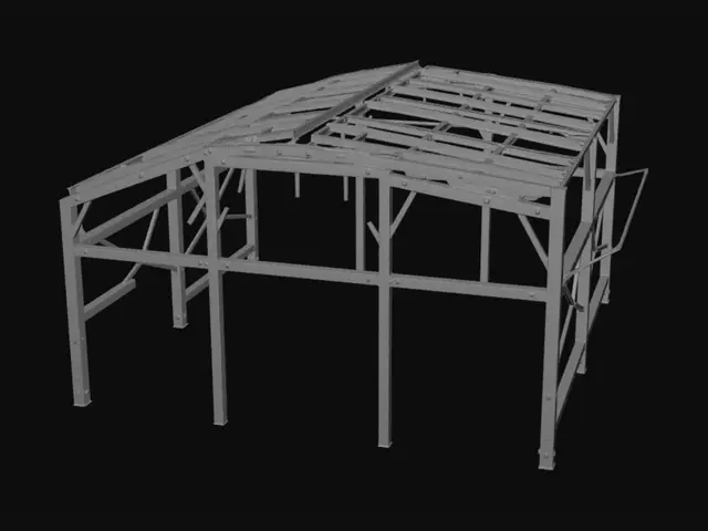 3D model for Create a detailed engineering-style 3D model of a single-slope (shed/mono-pitch) steel roof for a 20 ft × 20 ft building with a total roof footprint of 24 ft × 24 ft including 2 ft overhangs on all sides. The roof must have one continuous sloping plane only, pitched about 12°, from a high side to a low side. No ridge, no gable, no hip roof, no second roof surface. Use 2"×3" rectangular steel tube mono-pitch trusses spaced 4 ft on center and 2"×4" steel tube purlins perpendicular to the trusses. Include diagonal wind bracing, welded steel connections, and long-span rib-type metal roofing sheets. Show exposed framing, realistic galvanized steel materials, accurate proportions, isometric engineering view, structural framing details, and construction-ready appearance.