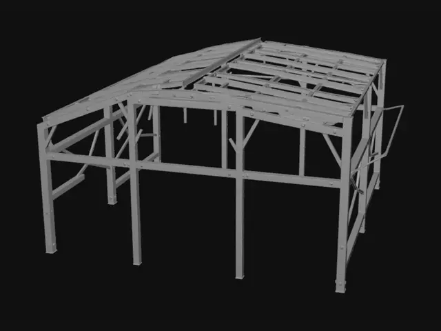 3D model for Create a detailed engineering-style 3D model of a single-slope (shed/mono-pitch) steel roof for a 20 ft × 20 ft building with a total roof footprint of 24 ft × 24 ft including 2 ft overhangs on all sides. The roof must have one continuous sloping plane only, pitched about 12°, from a high side to a low side. No ridge, no gable, no hip roof, no second roof surface. Use 2"×3" rectangular steel tube mono-pitch trusses spaced 4 ft on center and 2"×4" steel tube purlins perpendicular to the trusses. Include diagonal wind bracing, welded steel connections, and long-span rib-type metal roofing sheets. Show exposed framing, realistic galvanized steel materials, accurate proportions, isometric engineering view, structural framing details, and construction-ready appearance.