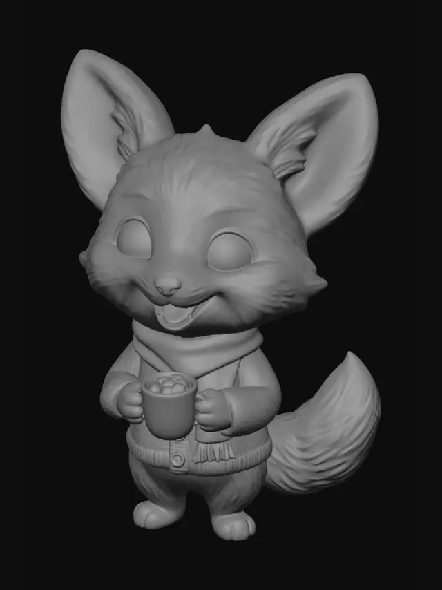 3D model for A cheerful, adorable 3D character design of a small, fluffy baby fox named Pip, smiling brightly and holding a tiny cup of hot cocoa. Pip is a cute, bipedal stylized fox with soft, textured orange fur, cream-colored markings on his face, belly, and tail tip, and large, twinkling, expressive brown eyes with highlights. He has prominent, round, floppy ears with soft pink inner linings, a small black nose, and a wide, joyful smile showing small, friendly teeth. Pip is wearing a cozy, hand-knitted light blue sweater with small white button details and a tiny patterned scarf (red and white stripes) around his neck. He stands happily on a soft, braided woolen rug in a warm, cozy cabin living room. Pip holds a miniature ceramic mug filled with dark hot chocolate, topped with tiny marshmallows