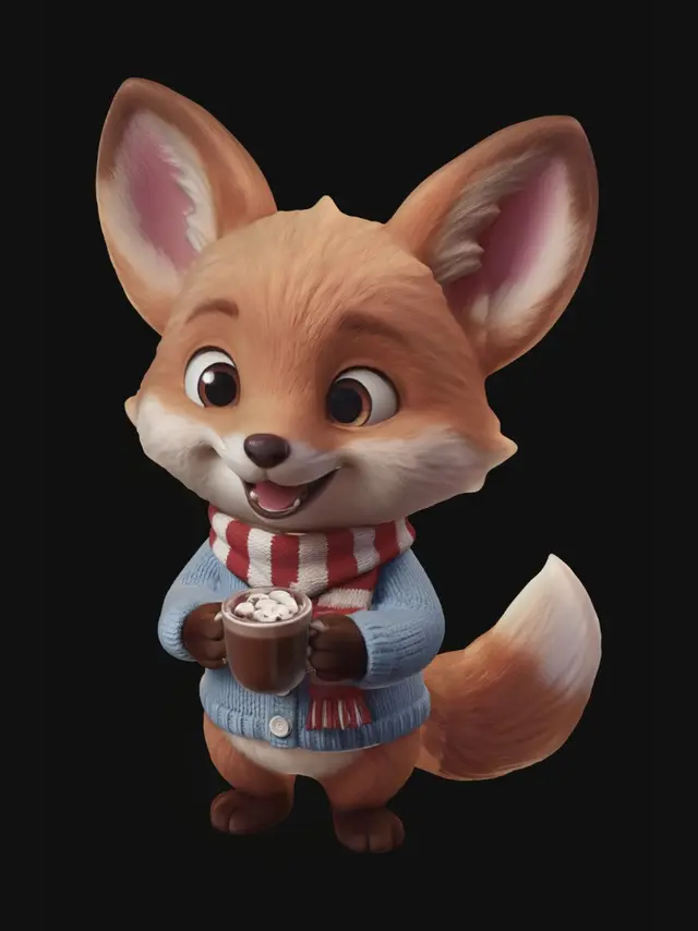 3D model for A cheerful, adorable 3D character design of a small, fluffy baby fox named Pip, smiling brightly and holding a tiny cup of hot cocoa. Pip is a cute, bipedal stylized fox with soft, textured orange fur, cream-colored markings on his face, belly, and tail tip, and large, twinkling, expressive brown eyes with highlights. He has prominent, round, floppy ears with soft pink inner linings, a small black nose, and a wide, joyful smile showing small, friendly teeth. Pip is wearing a cozy, hand-knitted light blue sweater with small white button details and a tiny patterned scarf (red and white stripes) around his neck. He stands happily on a soft, braided woolen rug in a warm, cozy cabin living room. Pip holds a miniature ceramic mug filled with dark hot chocolate, topped with tiny marshmallows