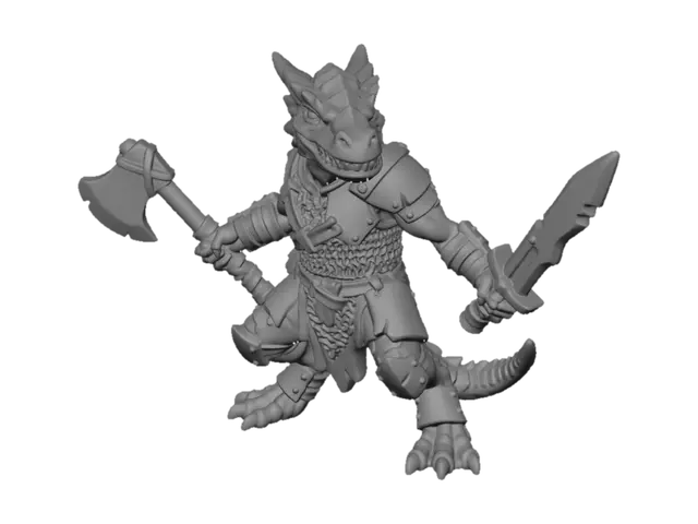 3D model for A DnD kobold barbarian, small reptilian humanoid with sly grin, wearing mixed armor pieces, wielding random weapons, dynamic pose, stylized hand-painted miniature look, textured scales, worn leather, polished steel highlights, ambient studio lighting, simple neutral gray-to-white gradient background, full body 3/4 front view, centered, no base