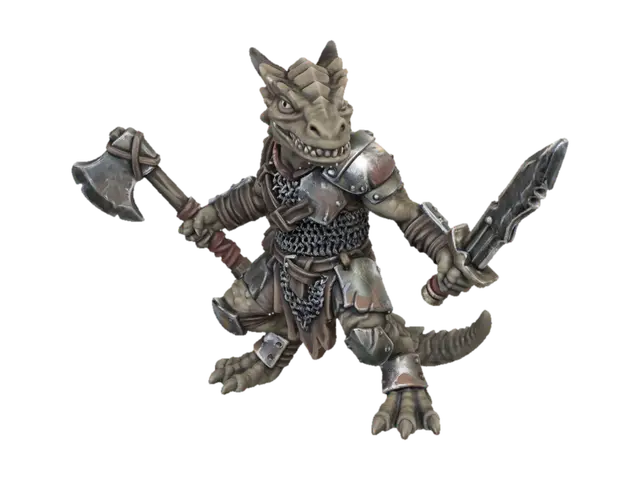 3D model for A DnD kobold barbarian, small reptilian humanoid with sly grin, wearing mixed armor pieces, wielding random weapons, dynamic pose, stylized hand-painted miniature look, textured scales, worn leather, polished steel highlights, ambient studio lighting, simple neutral gray-to-white gradient background, full body 3/4 front view, centered, no base