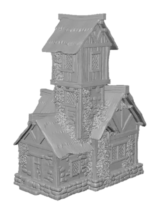 3D model for A single-story stone cottage with a three-story timber tower attached, multiple adjoining rooms with varied rooflines, thatched roofs, exposed oak beams, leaded windows, climbing ivy, cobblestone foundation, hand-painted stylized 3D render, warm golden hour lighting, soft ambient shadows, front 3/4 view, simple gradient sky background