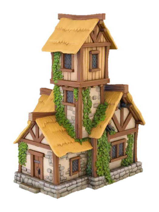 3D model for A single-story stone cottage with a three-story timber tower attached, multiple adjoining rooms with varied rooflines, thatched roofs, exposed oak beams, leaded windows, climbing ivy, cobblestone foundation, hand-painted stylized 3D render, warm golden hour lighting, soft ambient shadows, front 3/4 view, simple gradient sky background