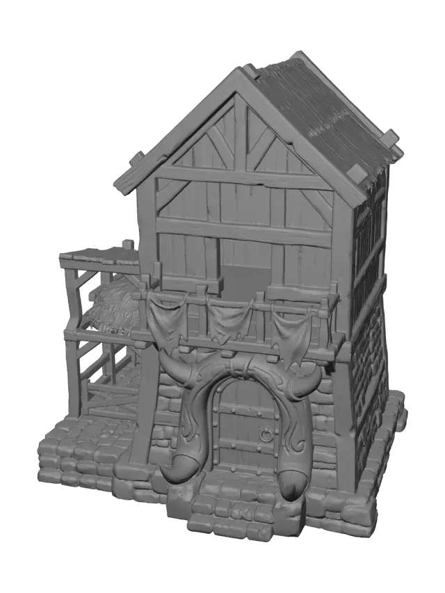 3D model for A Minotaur residence, two-story fortified dwelling with a massive arched doorway framed by horn-carved wooden beams, stone foundation and dark oak upper floor with a small balcony, animal-hide banners, attached stable and hay loft, stylized hand-painted 3D miniature render, warm golden-hour lighting, simple warm gradient background, full view, front 3/4 framing.