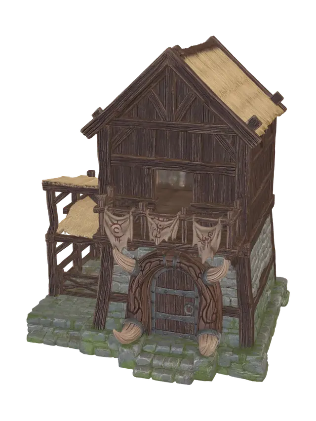 3D model for A Minotaur residence, two-story fortified dwelling with a massive arched doorway framed by horn-carved wooden beams, stone foundation and dark oak upper floor with a small balcony, animal-hide banners, attached stable and hay loft, stylized hand-painted 3D miniature render, warm golden-hour lighting, simple warm gradient background, full view, front 3/4 framing.