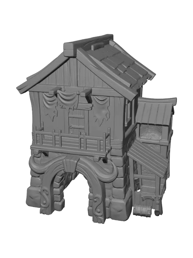 3D model for A Minotaur residence, two-story fortified dwelling with a massive arched doorway framed by horn-carved wooden beams, stone foundation and dark oak upper floor with a small balcony, animal-hide banners, attached stable and hay loft, stylized hand-painted 3D miniature render, warm golden-hour lighting, simple warm gradient background, full view, front 3/4 framing.