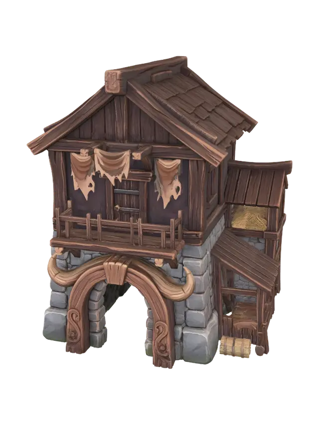 3D model for A Minotaur residence, two-story fortified dwelling with a massive arched doorway framed by horn-carved wooden beams, stone foundation and dark oak upper floor with a small balcony, animal-hide banners, attached stable and hay loft, stylized hand-painted 3D miniature render, warm golden-hour lighting, simple warm gradient background, full view, front 3/4 framing.