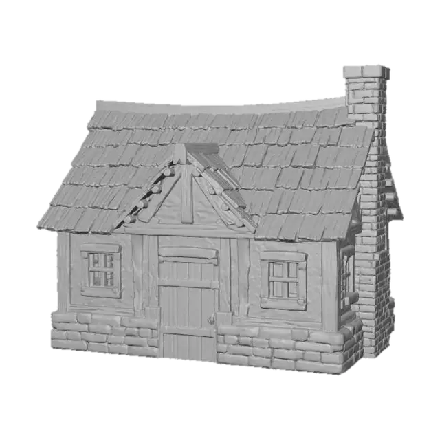3D model for Villager house with multiple rooms one floor.  3D Print ready no background, stone foundation wooden roof, stone chimney.