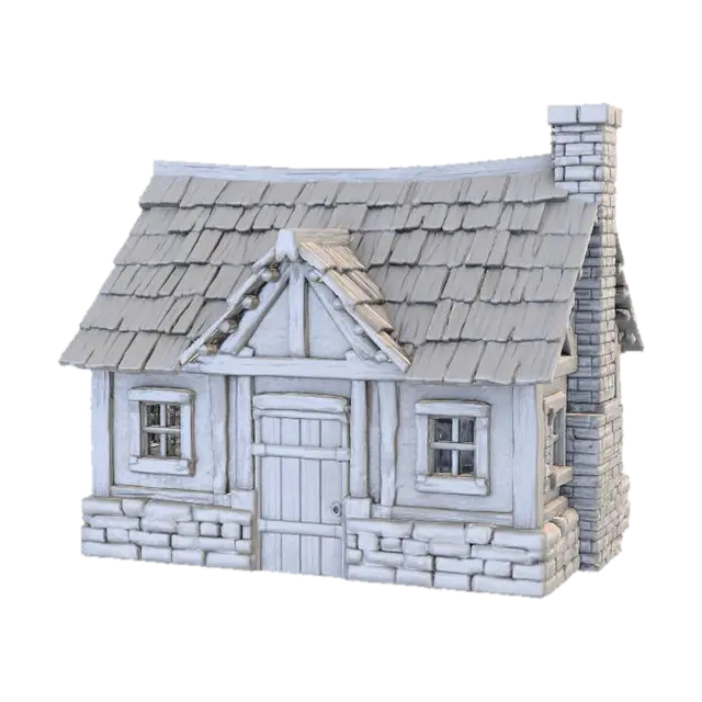 3D model for Villager house with multiple rooms one floor.  3D Print ready no background, stone foundation wooden roof, stone chimney.