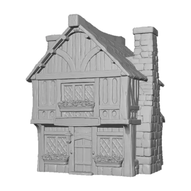 3D model for Simple fantasy tavern with two stories, stone chimney and a fluted second story.