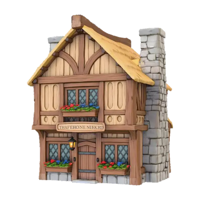 3D model for Simple fantasy tavern with two stories, stone chimney and a fluted second story.