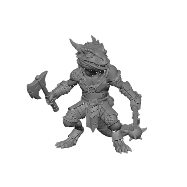 3D model for A DnD kobold barbarian, small reptilian humanoid with sly grin, wearing mixed armor pieces, wielding random weapons, dynamic pose, stylized hand-painted miniature look, textured scales, worn leather, polished steel highlights, ambient studio lighting, simple neutral gray-to-white gradient background, full body 3/4 front view, centered, no base