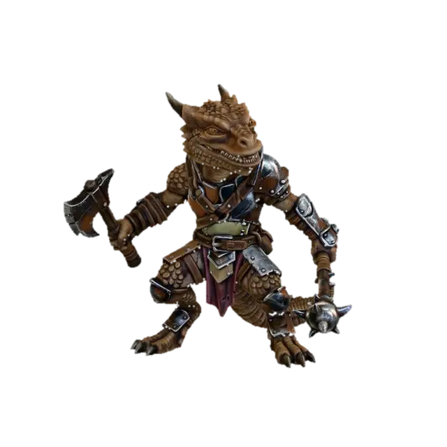 3D model for A DnD kobold barbarian, small reptilian humanoid with sly grin, wearing mixed armor pieces, wielding random weapons, dynamic pose, stylized hand-painted miniature look, textured scales, worn leather, polished steel highlights, ambient studio lighting, simple neutral gray-to-white gradient background, full body 3/4 front view, centered, no base