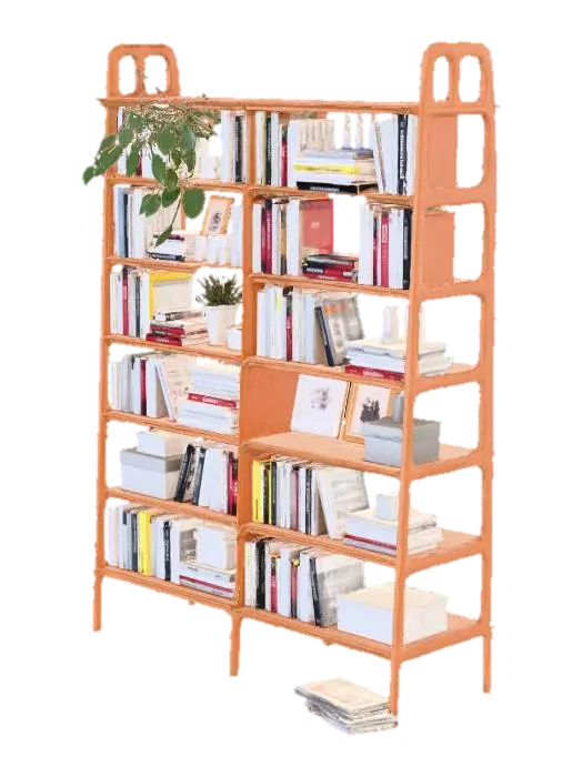 Ikea-style bookcase filled with books, some boxes and asssorted stuff. Clean,… - Scandinavian 3D model, vytvořený pomocí AI