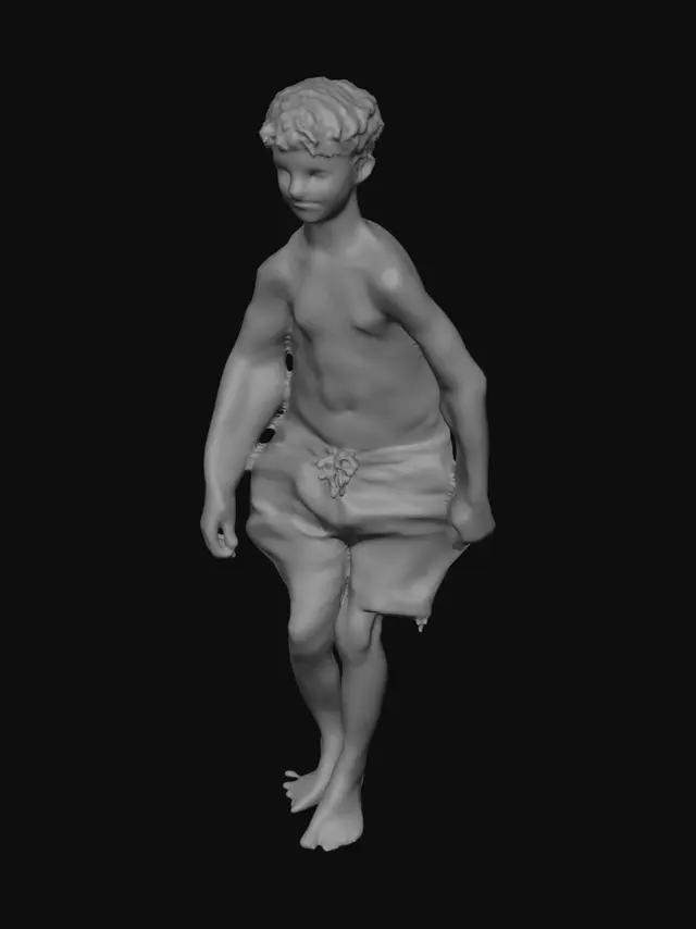 3D model for fait un perso jeune torse nu avec un short de bain orange et il a des cheveaux bouclés