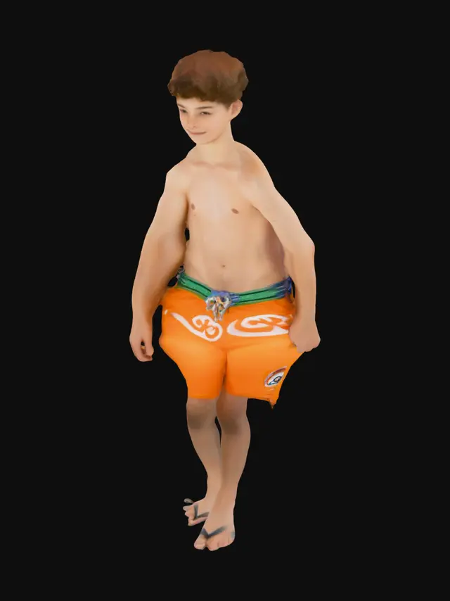 3D model for fait un perso jeune torse nu avec un short de bain orange et il a des cheveaux bouclés