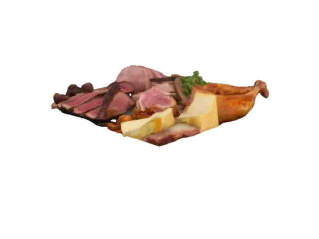 A plain, splintered wooden serving tray displays a modest but hearty adventurer’s… - Midevil 3D model, vytvořený pomocí AI