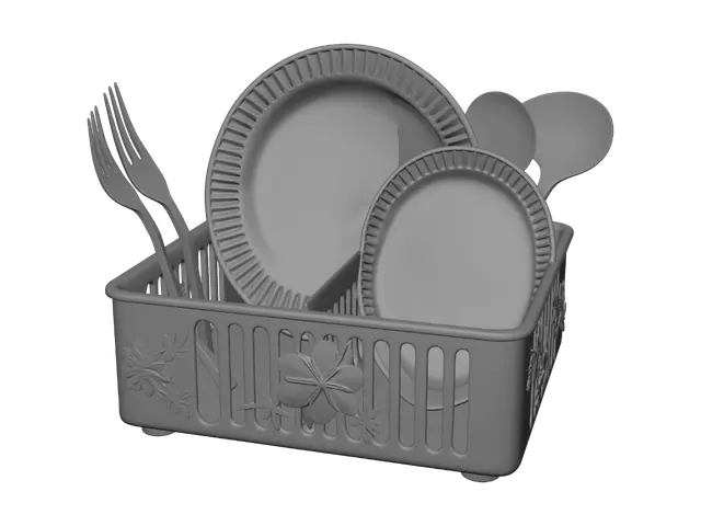 3D model for large and small paper plates and cups and silverware organizer all in one unit with flower details on the outside use gride to seperate plates large small and silverware forks knifes and spoons