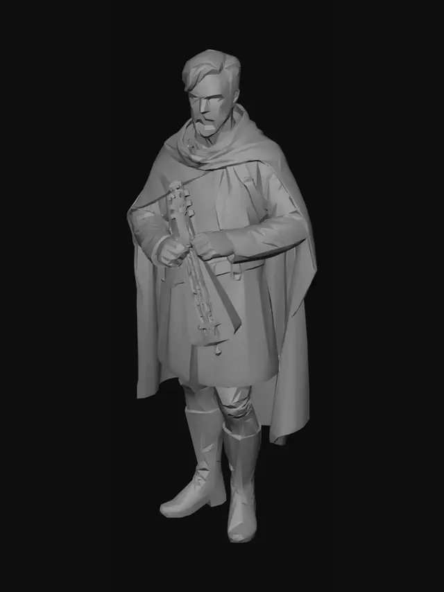 3D model for Full-body medieval troubadour character, realistic human male, game-ready 3D model, based on character turnaround sheet, blue embroidered tunic, olive cloak, leather boots, lute accessory, realistic proportions, neutral A-pose, PBR materials, detailed clothing folds, clean topology, rigging-ready, Unreal Engine 5 quality, high-detail sculpt, realistic face and hair.