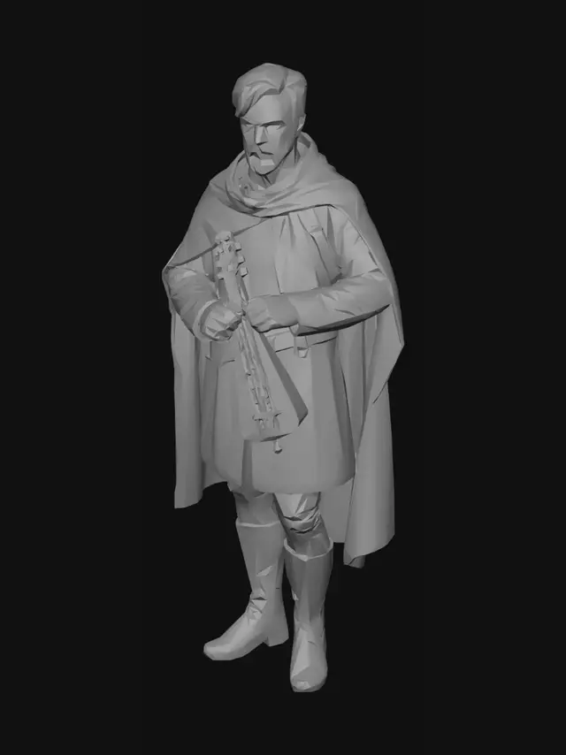 3D model for Full-body medieval troubadour character, realistic human male, game-ready 3D model, based on character turnaround sheet, blue embroidered tunic, olive cloak, leather boots, lute accessory, realistic proportions, neutral A-pose, PBR materials, detailed clothing folds, clean topology, rigging-ready, Unreal Engine 5 quality, high-detail sculpt, realistic face and hair.