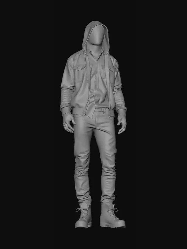 3D model for A full-body headless character asset for a survival horror game. No head, completely missing head above the collar, clean neck cutout. Wearing a dark grey hooded jacket with a front zipper, over a tucked-in olive green canvas shirt. Faded denim jeans and worn tactical hiking boots. Realism, urban survivalist style, weathered and slightly dirty clothes, realistic fabric folds. Game-ready asset.