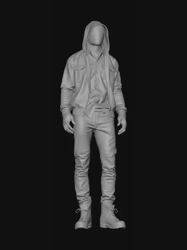 3D model for A full-body headless character asset for a survival horror game. No head, completely missing head above the collar, clean neck cutout. Wearing a dark grey hooded jacket with a front zipper, over a tucked-in olive green canvas shirt. Faded denim jeans and worn tactical hiking boots. Realism, urban survivalist style, weathered and slightly dirty clothes, realistic fabric folds. Game-ready asset.