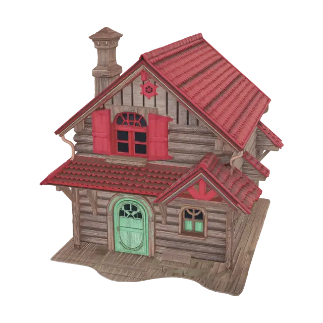 3D model for Queen Anne Victorian hobbit house with one window, single story, detailed distressed siding, distressed door, detailed gable, window shutters, realistic architecture, highly detailed model,