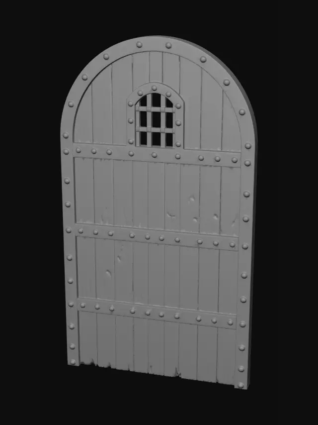 3D model for A single heavy wooden dungeon door, 2 meters wide by 3.5 meters tall, dark aged oak, iron reinforced with metal bands and rivets, small barred window near the top, worn and weathered, gothic medieval style, no door knocker, no handle, no frame, no wall, no background, isolated object, game asset