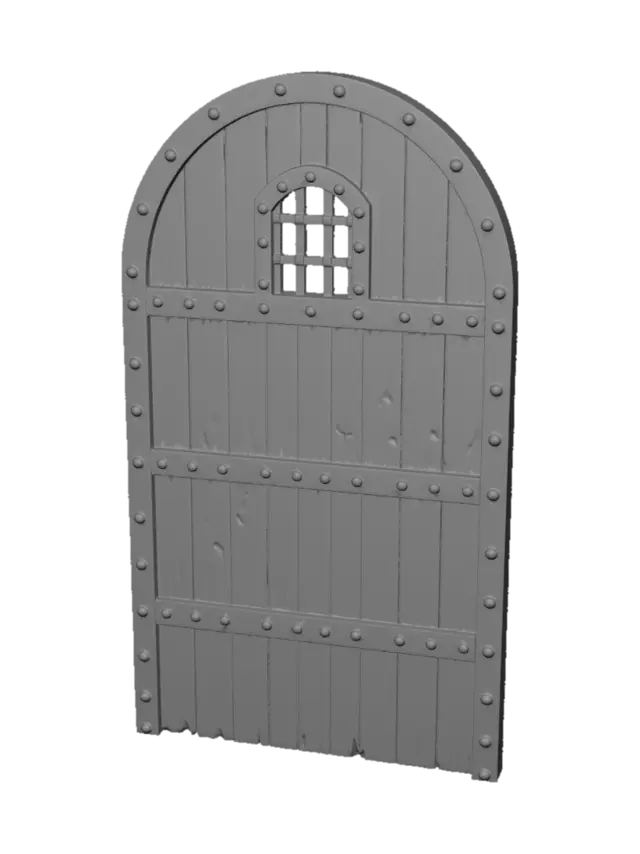 3D model for A single heavy wooden dungeon door, 2 meters wide by 3.5 meters tall, dark aged oak, iron reinforced with metal bands and rivets, small barred window near the top, worn and weathered, gothic medieval style, no door knocker, no handle, no frame, no wall, no background, isolated object, game asset