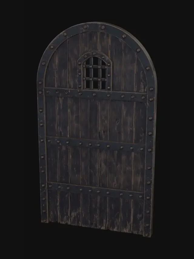 3D model for A single heavy wooden dungeon door, 2 meters wide by 3.5 meters tall, dark aged oak, iron reinforced with metal bands and rivets, small barred window near the top, worn and weathered, gothic medieval style, no door knocker, no handle, no frame, no wall, no background, isolated object, game asset
