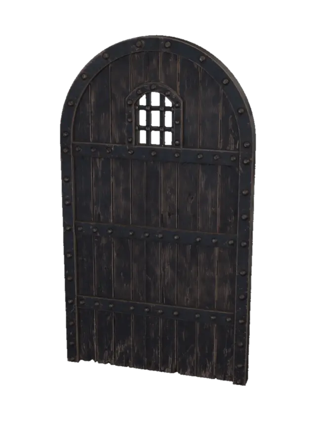3D model for A single heavy wooden dungeon door, 2 meters wide by 3.5 meters tall, dark aged oak, iron reinforced with metal bands and rivets, small barred window near the top, worn and weathered, gothic medieval style, no door knocker, no handle, no frame, no wall, no background, isolated object, game asset