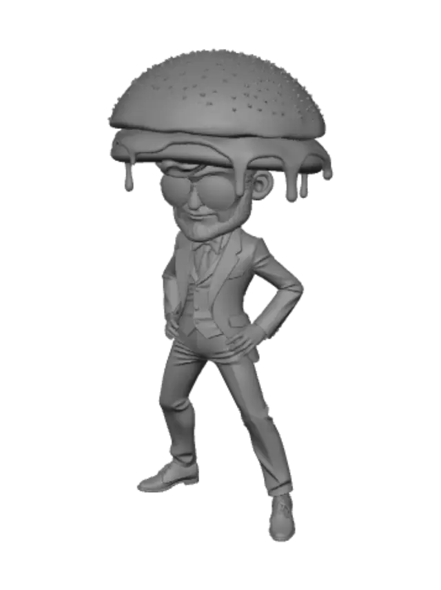 3D model for create a 3 d model of atlas worn like lincoln but in ray bans holding on his shoulders giant burger and melted cheese is falling down on his black suite.