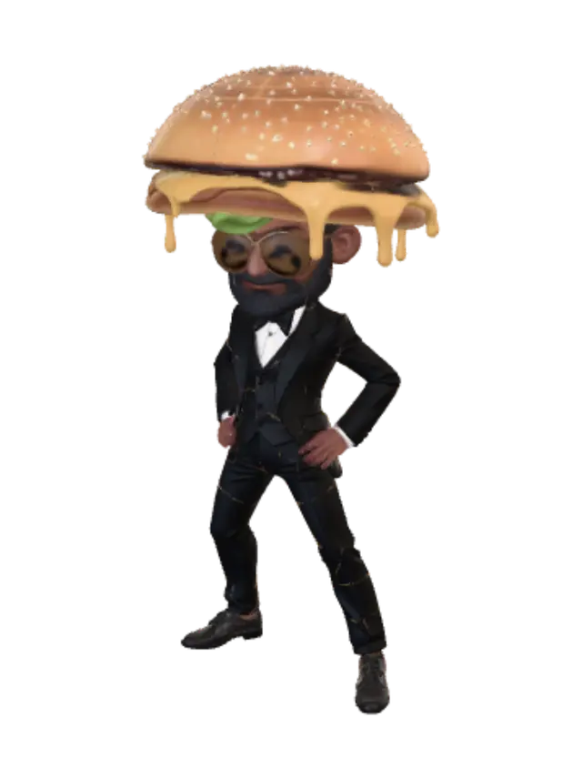 3D model for create a 3 d model of atlas worn like lincoln but in ray bans holding on his shoulders giant burger and melted cheese is falling down on his black suite.