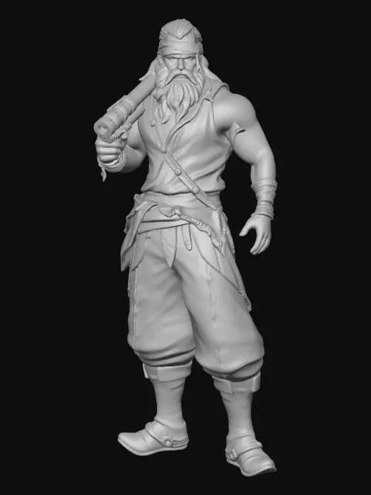 3D model for Morgan is a muscular pirate. His most prominent feature is a dirty-red, thick, and unkempt beard. He wearing white shirt with ripped sleeves, on his shoulder tattoo fish bones and one of his eyes is covered with a black bandage.
Weapons: Instead of a left hand, he has a massive cannon.