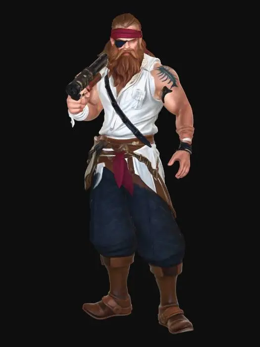 3D model for Morgan is a muscular pirate. His most prominent feature is a dirty-red, thick, and unkempt beard. He wearing white shirt with ripped sleeves, on his shoulder tattoo fish bones and one of his eyes is covered with a black bandage.
Weapons: Instead of a left hand, he has a massive cannon.